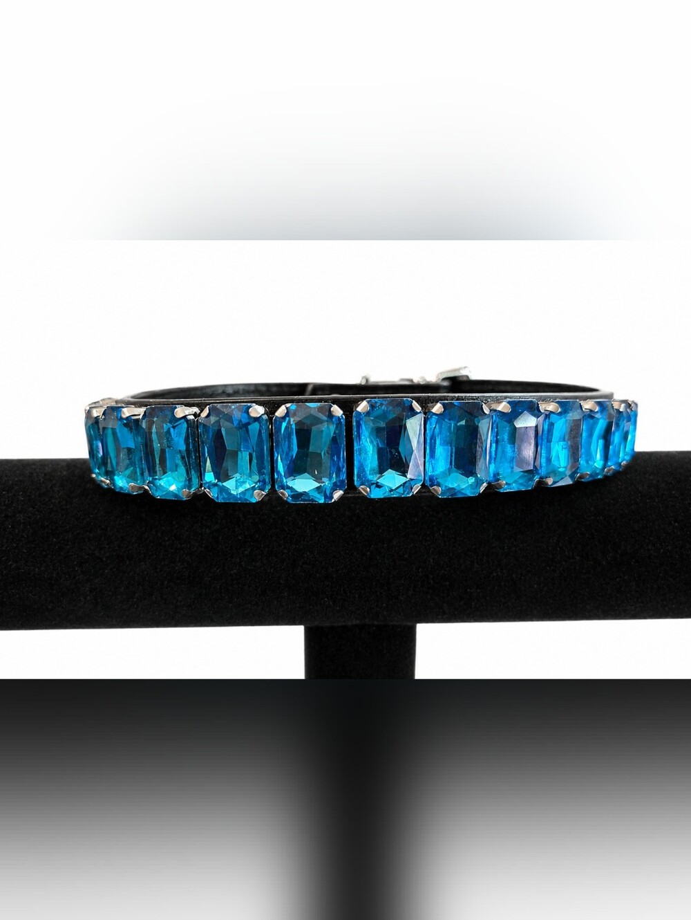 Blue Rhinestone Leather Dog Collar - Size Medium